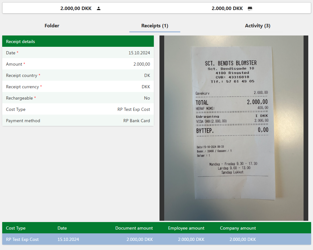 The receipts tab
