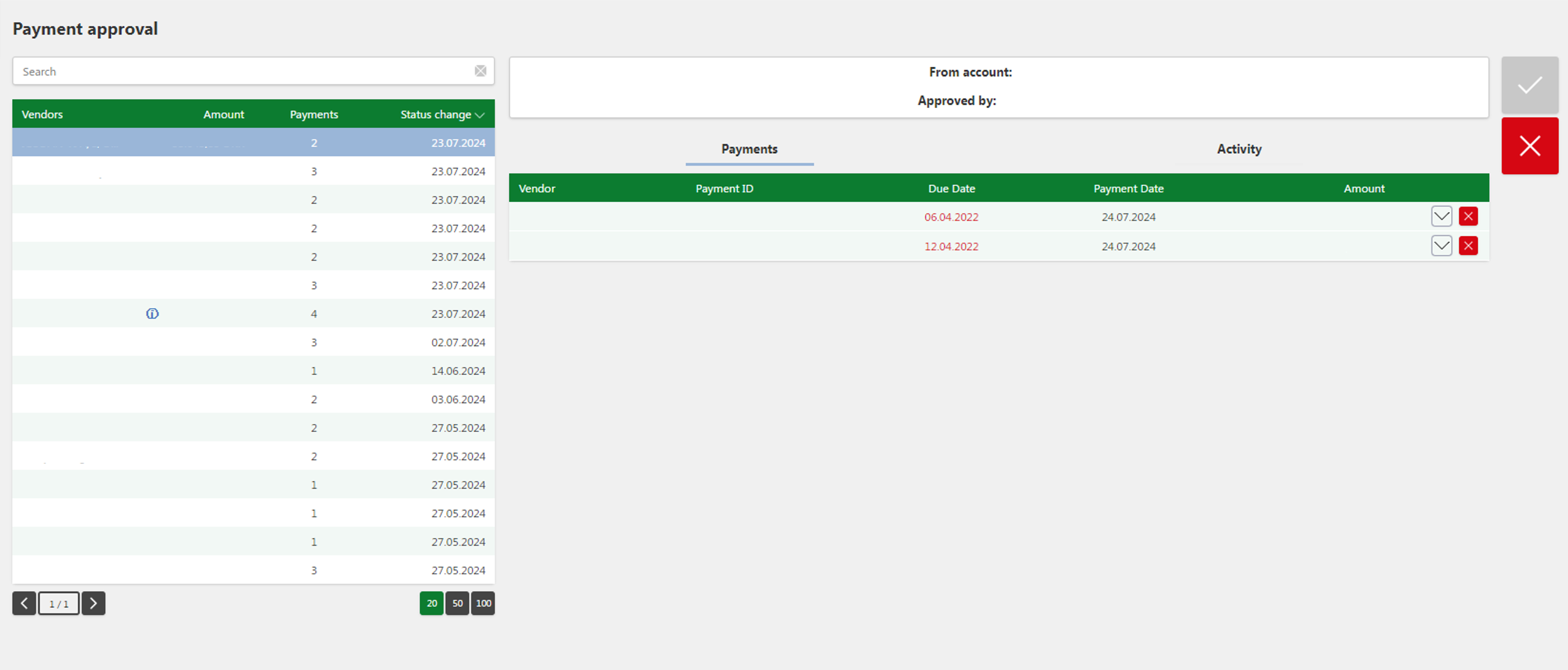 Payment batches on the left, the payments they contain on the right